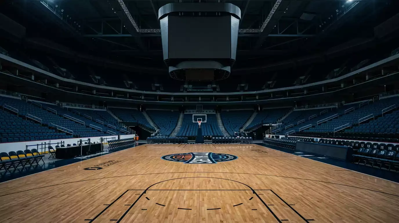 Empty NBA basketball court under arena lights with scoreboard visible in the background